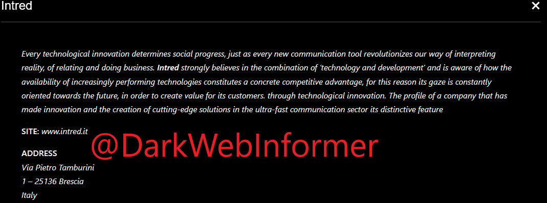 DarkWebInformer's tweet photo. Threat Actor: Black Basta
Ransomware Victim: Intred
Date: 2023-10-17
Note: Allegedly, #BlackBasta has named #Intred as a victim. #Ransomware #StopRansomware #DarkWeb #DarkWebInformer #Leaks #Leaked #Cyberattack https://t.co/zptaN4Hd0N