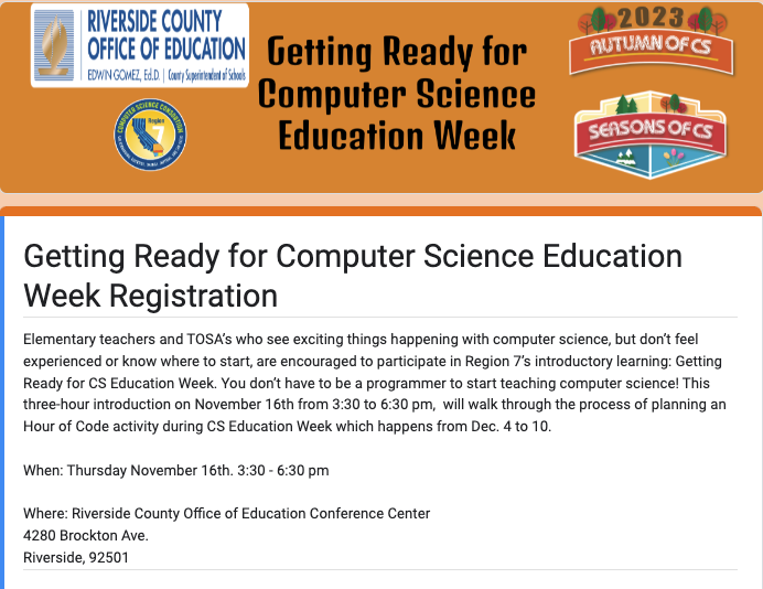 K-6 T’s, find out how fun and engaging Computer Science can be! Join us for a free 3 hour training, get a $125 stipend, and feel prepared for CS Education Week in December! Register athttps://tinyurl.com/GR4CSEdWeekRiverside @CarlsbadUSD @BonsallUSD @RamonaUSD_ @VCPUSD