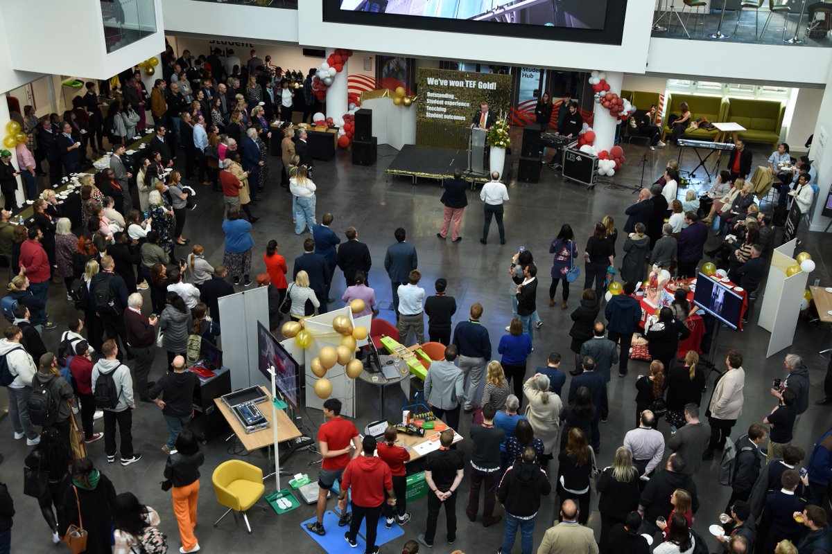 Today, students and staff joined together to celebrate the University’s triple gold TEF status with speeches, refreshments, and a mandatory flash mob. 

It was also an excellent opportunity to showcase our real-world learning, which earned us this fantastic achievement.