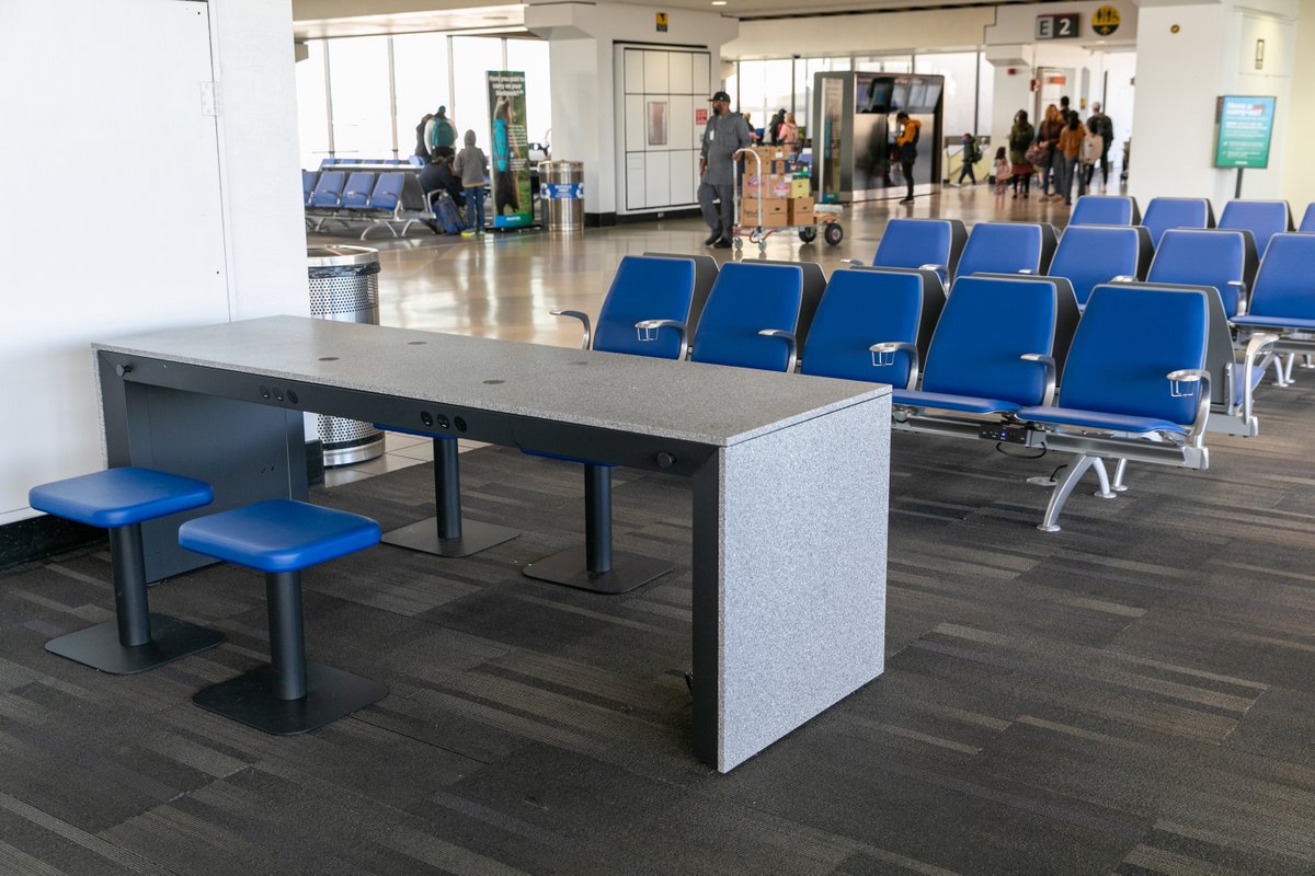 Now arriving in Terminal E: newly furnished gates with comfortable seating, work stations and a whole lot more electrical outlets! Stop by to see the new look next time you're at #PHLAirport!