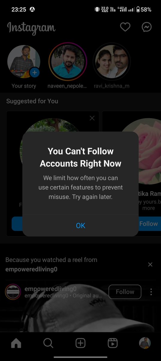 CMAKVEERESH7's tweet photo. Hey @instagram  I am getting a problem. Please find the screenshot. You cannot follow account right now https://t.co/pFb3WkDJ14