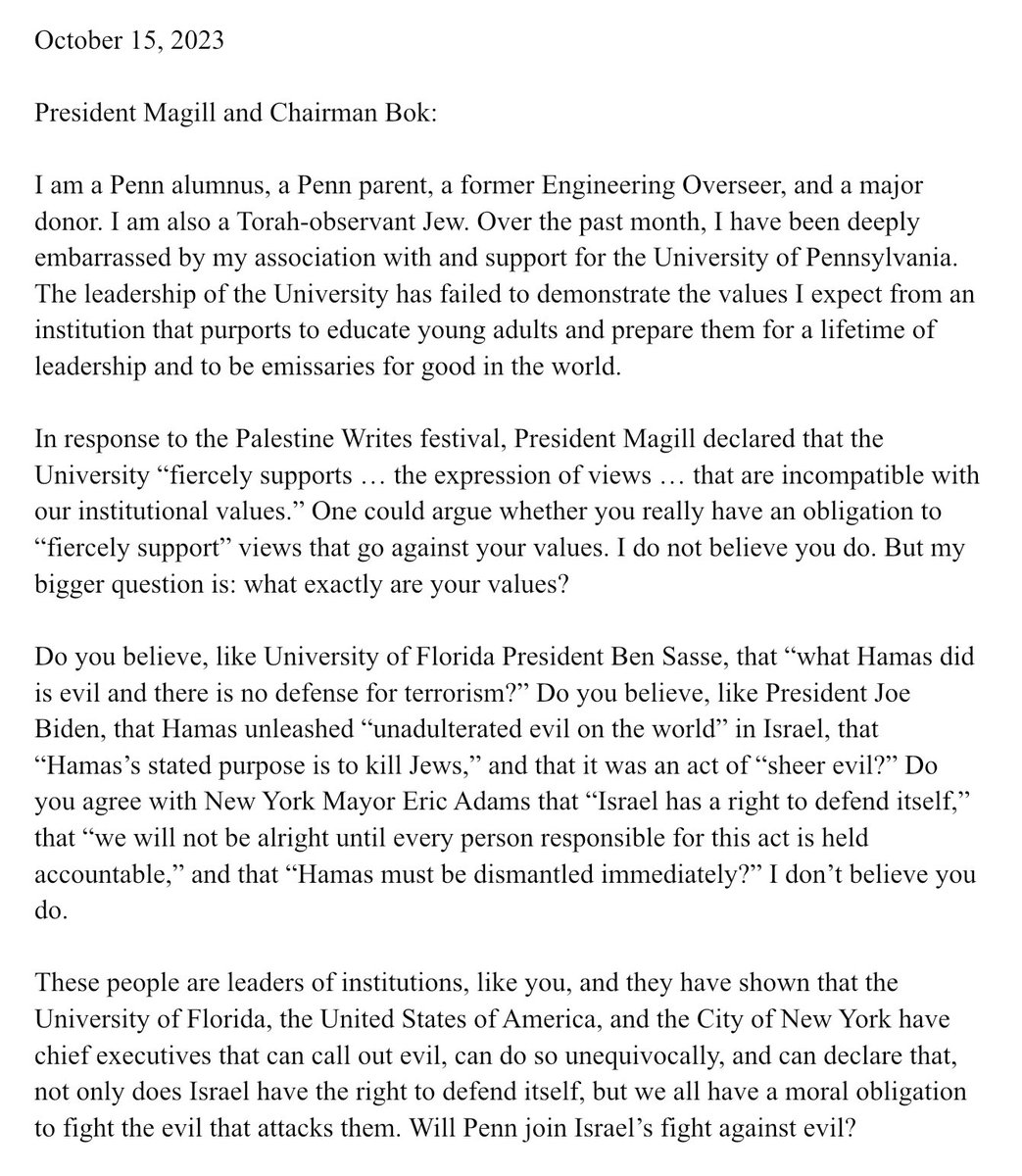 sfmcguire79's tweet photo. NEW: Another major @Penn donor, David Magerman, has said he will no longer support the university:

“I am deeply ashamed of my association with the University of Pennsylvania. I refuse to donate another dollar to Penn. There is no action anyone at Penn can take to change that.” https://t.co/nGBfVqq4NQ