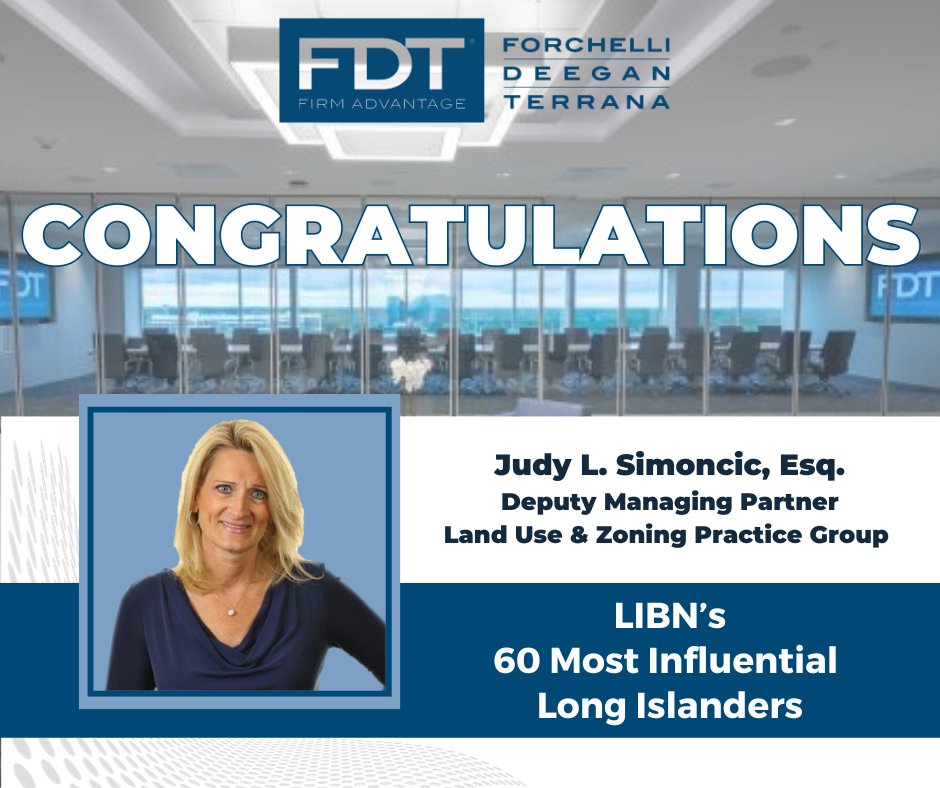 Forchelli_Law's tweet photo. (1/3)Forchelli Deegan Terrana LLP warmly congratulates Deputy Managing Partner Judy Simoncic on being selected by @LIBusinessNews editorial team for inclusion in the 2023 “60 Most Influential Long Islanders” list. https://t.co/sJPvq28bRd