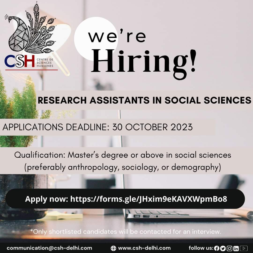 Centre de Sciences Humaines (@CSHDelhi) invites applications for a full-time Research Assistant in Social Sciences. 

Apply here: forms.gle/JHxim9eKAVXWpm…

Deadline: 30th October, 2023

For more details: t.ly/drJYy #ResearchOpportunity #SocialSciences