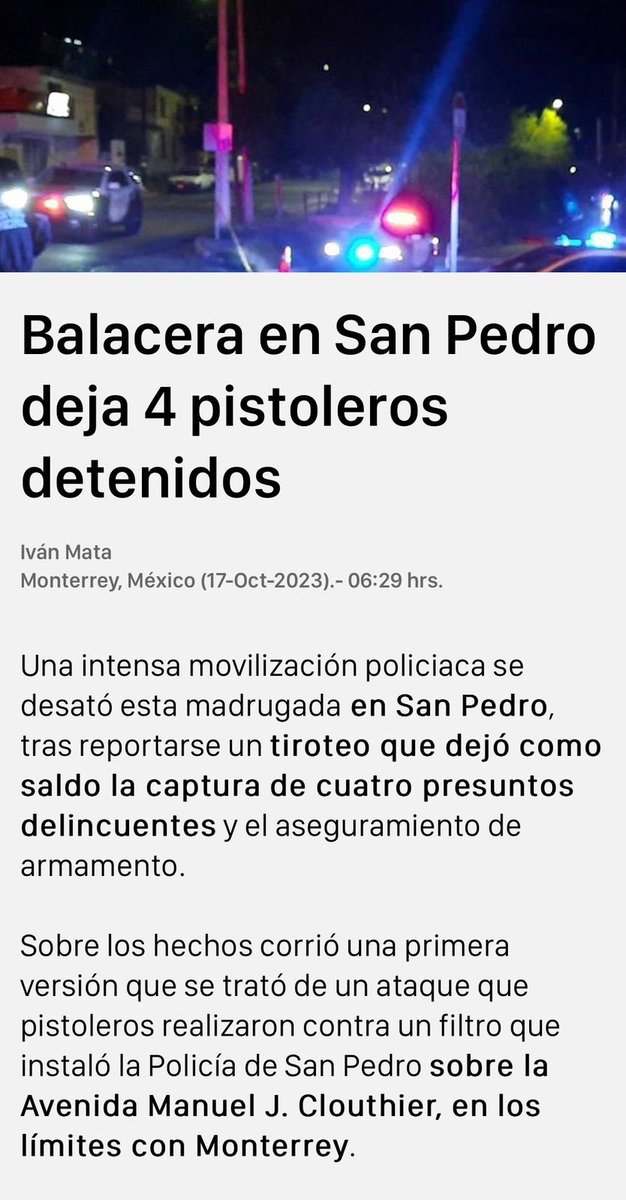 Anoche la policía de #SPGG aseguró a 4 personas que participaron en una balacera originada en #MTY

Gracias a los filtros en los accesos, los participantes no pudieron ingresar a San Pedro y terminaron detenidos.

Felicidades a nuestros policías, gracias por cuidarnos.