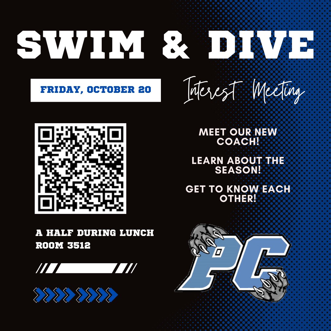Hey everyone!! We have the official Swim &amp; Dive Interest Meeting this Friday in Room 3512, during A Half of lunch. We’ll discuss the new season, meet the new coach, and get ready for the year! Can’t wait to see you all there!!
