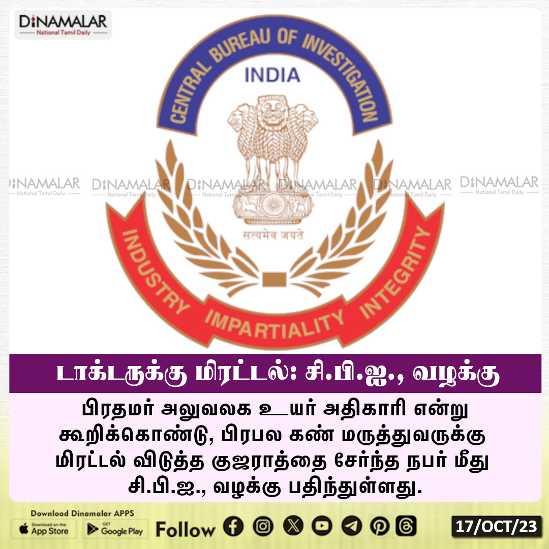 dinamalarweb's tweet photo. டாக்டருக்கு மிரட்டல்: சி.பி.ஐ., வழக்கு
#CBI   |  #registeredcase |  #Gujarat 

https://t.co/Gnpw77gBOf https://t.co/olVWARTFKo