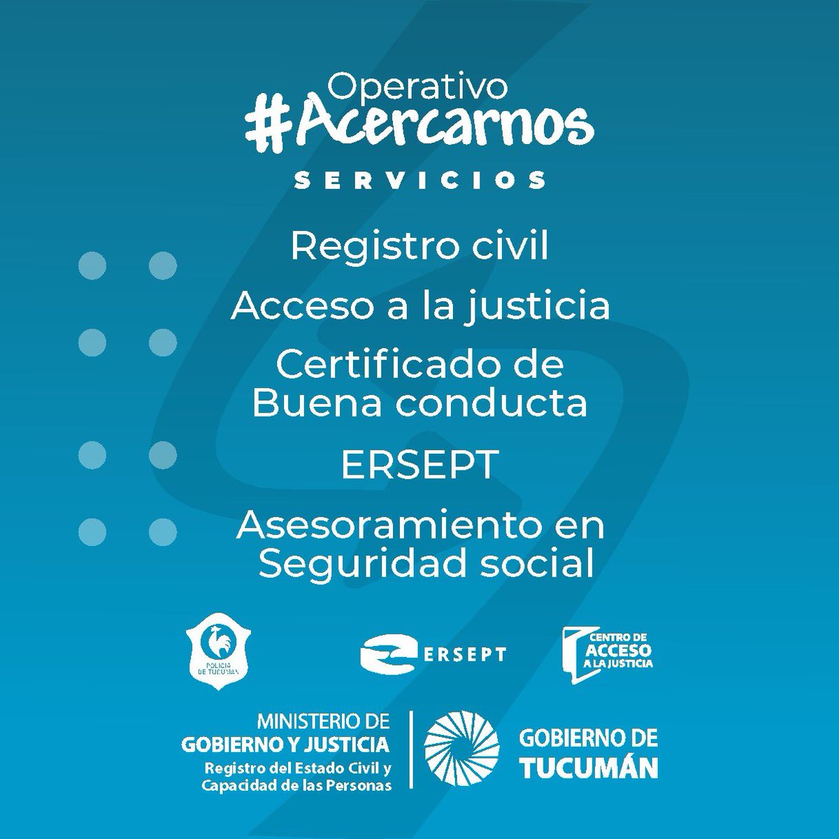 mingobjustuc's tweet photo. ▶️ OPERATIVO ACERCARNOS

Este jueves 19/10, el Programa Acercarnos brindará sus servicios públicos itinerantes a la comunidad que los requiera.

📍El operativo estará ubicado en Av. Ernesto Padilla 100, Plaza Esperanza (San Miguel de Tucumán).

⌚️ La atención será de 9 a 13 hs. https://t.co/KIKODJCx4T