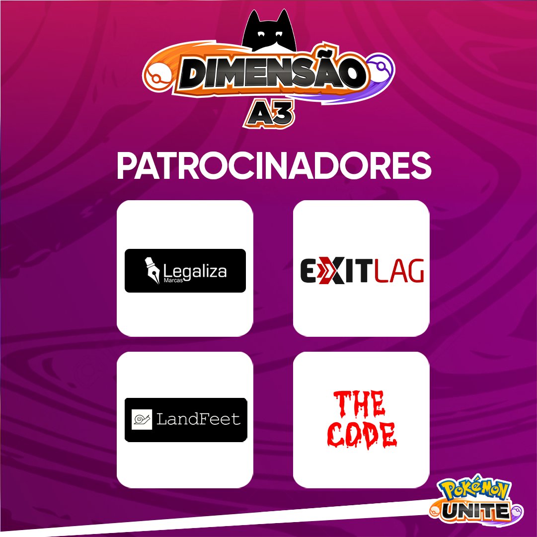 Conheça nossos patrocinadores;

Legaliza: Faz o registro da sua marca;
ExitLag: Otimiza sua rota para melhor conexão em jogos;
LandFeet: Marca Footwear voltada ao público Skatista;
The Code: O melhor Pub de Belém;

Inscreva-se no camp bit.ly/dimensao-a3-ha…