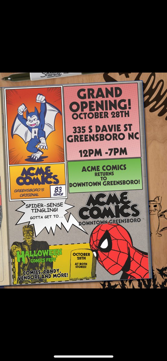Be a part of Greensboro history as <a href="/acmecomics/">Acme Comics</a> returns to where it began, downtown Greensboro, with an exciting SECOND location unlike any you’ve seen before! Save the date (October 28th) and join us for this landmark occasion! <a href="/DowntownGSO/">Downtown Greensboro</a> <a href="/VisitGSO/">Visit Greensboro</a>