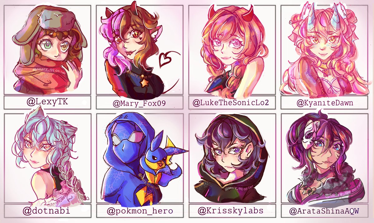 Amary_qq's tweet photo. Thank you to all who entered! DM me if you want the better quality no text/boarder versions of your #OC

All OC design credits go to: @LexyTK, @Mary_fox09, @LukeTheSonicLo2, @KyaniteDawn, @dotnabi, @pokmon_hero, @Krisskylabs and @ArataShinaAQW ! https://t.co/xkJXN76x4B