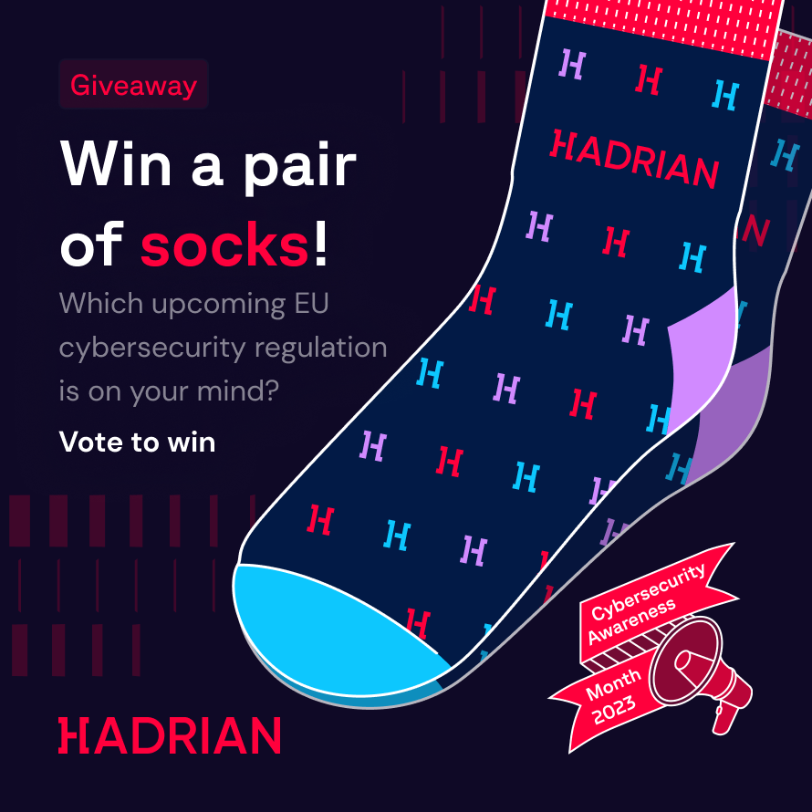 hadriansecurity's tweet photo. 🧦 Sock Giveaway!
 
📝 Enter by answering this question in the comments:

Which upcoming EU cybersecurity regulation is at the forefront of your thoughts?

1) Digital Operational Resilience Act (DORA) 🏦
2) NIS2🔑
3) Cybersecurity Resilience Act🛡️

#cybersecurityawarenessmonth https://t.co/O6MTqNQRW1