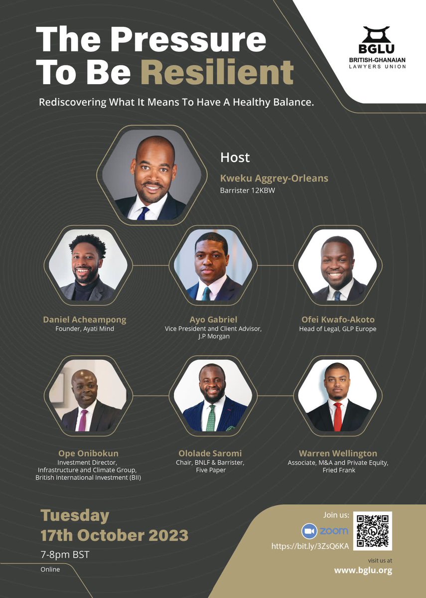 BME@TheBar (@bmeatthebar) on Twitter photo TONIGHT!
<a href="/BGLU_Global/">British-Ghanaian Lawyers Union</a> are hosting what should be a great discussion about #mentalhealth, #highpressuredenviroments and the #worklifebalance
⏰: 18:00
📍: Online
Registration details below👇🏾
<a href="/blackcounselBCF/">Black Counsel Forum</a> <a href="/BlackBarNetwork/">Black Barristers’ Network</a> <a href="/BMLnetwork/">Black Men In Law Network</a> <a href="/ukbbweek/">UK Black Business Week</a> <a href="/BlkLawyrsMatter/">Black Lawyers Matter UK</a> <a href="/BridgeTheBar/">Bridging the Bar</a> TONIGHT!
<a href="/BGLU_Global/">British-Ghanaian Lawyers Union</a> are hosting what should be a great discussion about #mentalhealth, #highpressuredenviroments and the #worklifebalance
⏰: 18:00
📍: Online
Registration details below👇🏾
<a href="/blackcounselBCF/">Black Counsel Forum</a> <a href="/BlackBarNetwork/">Black Barristers’ Network</a> <a href="/BMLnetwork/">Black Men In Law Network</a> <a href="/ukbbweek/">UK Black Business Week</a> <a href="/BlkLawyrsMatter/">Black Lawyers Matter UK</a> <a href="/BridgeTheBar/">Bridging the Bar</a>