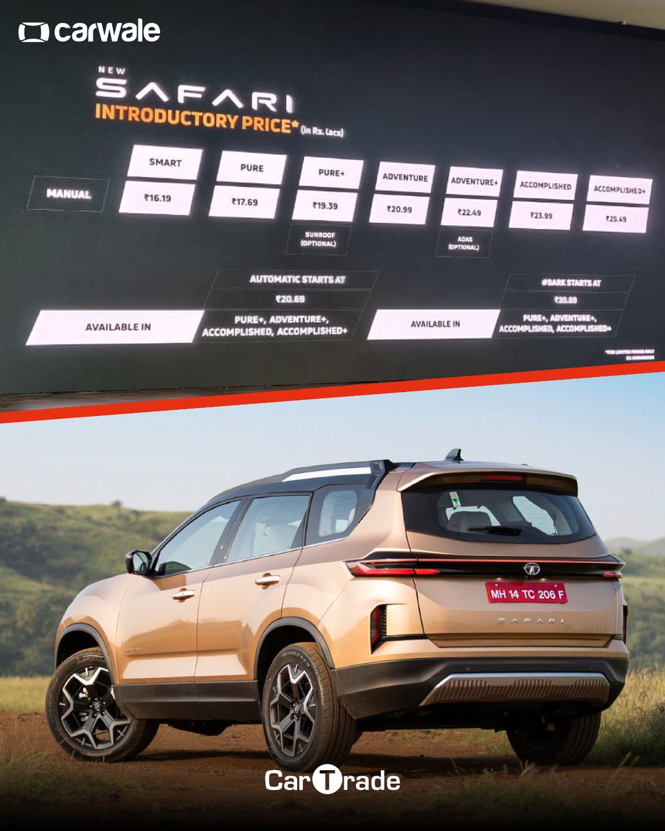 Car_Trade's tweet photo. LAUNCHED!!
Tata Motors has announced the prices of Harrier and Safari facelifts!
#TataMotors #Tata #TataSafari #Safari #SafariFacelift #TataSafariFacelift #TataHarrier #HarrierFacelift #TataHarrierFacelift #SUV #CTLaunch #Cars #Carlife #automotive #instacar #carstagram https://t.co/Sd2fvDlugy