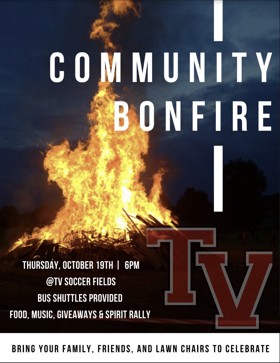 TVTrojans's tweet photo. Due to the boys' home soccer tournament game, the start of the community bonfire and pep rally has been pushed back to 6:30 PM.

We would like to invite the entire community to come out to the boys' soccer tournament game at 4:30 PM and then stay for our bonfire! https://t.co/gHmGQXK0c8