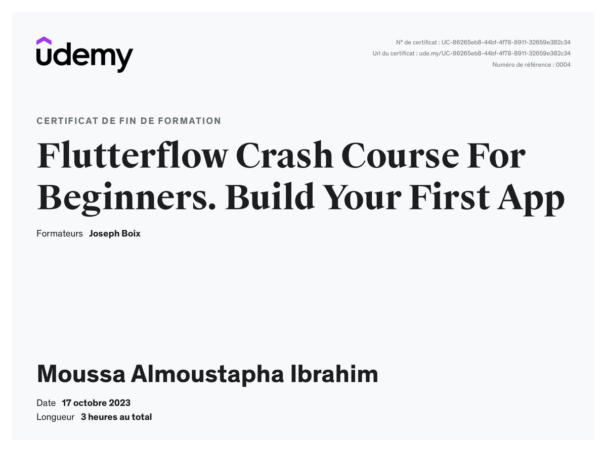 iboulele227's tweet photo. J’ai le plaisir de vous annoncer que j’ai obtenu une nouvelle certification : Cours intensif FlutterFlow - Créer sa première application mobile de Udemy ! 🥳 https://t.co/ffntinXDQU