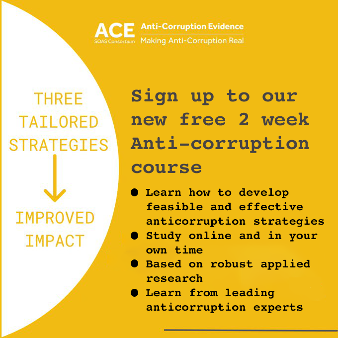 Wait? What's that? A FREE online course to help you develop realistic and impactful #anticorruption strategies? Yes! Enrol now and study at your own pace with @mushtaqkhan100 @RoyPallavi2 @duncan_edw #governance #corruption ace.soas.ac.uk/online-course/