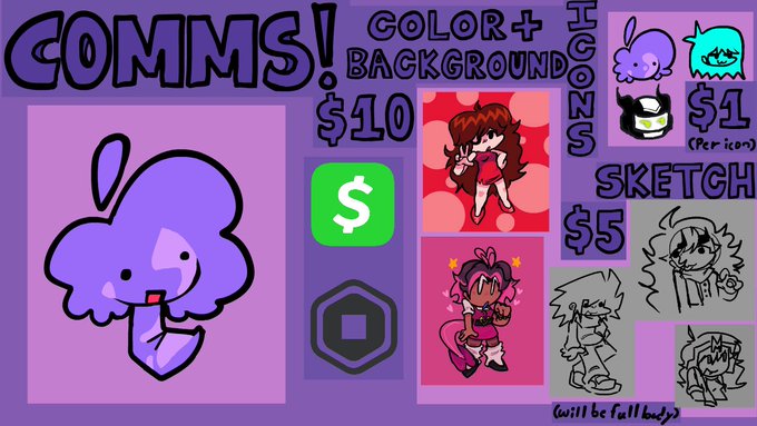 a commission sheet. friday night funkin' icons sold for $1 per icon, full body sketches sold for $5, colored drawings with a background sold for $10