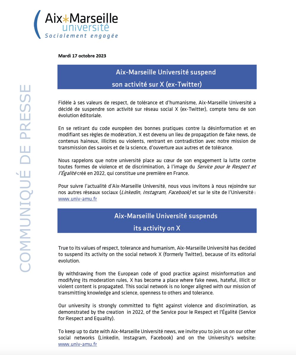 Fidèle à ses valeurs de respect, de tolérance et d’humanisme, l'IMPGT @univamu a décidé de suspendre son activité sur X. 👇