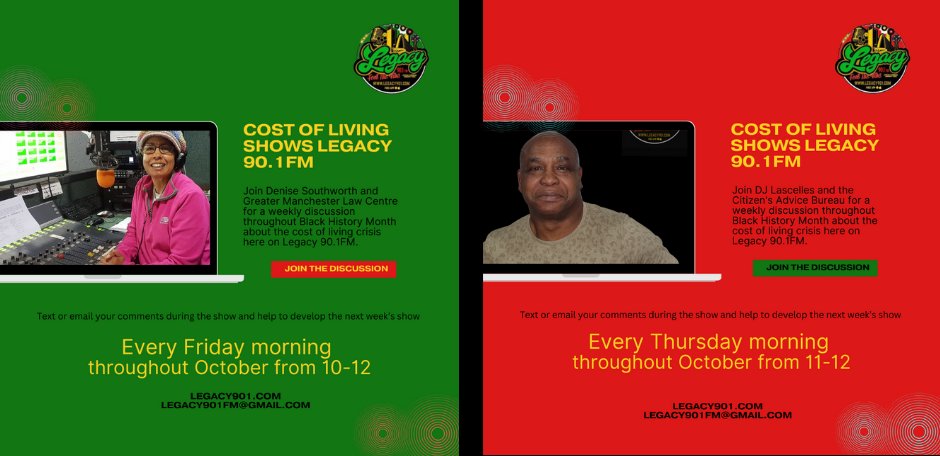 Legacy901FM's tweet image. Tune in to the cost of living shows on Thursday mornings with DJ Lascelles and the Citizen&apos;s Advice Service, 11-12 and on Friday mornings with Denise Southworth and Greater Manchester Law Centre 10-12.

Hear expert advice from local organisations.