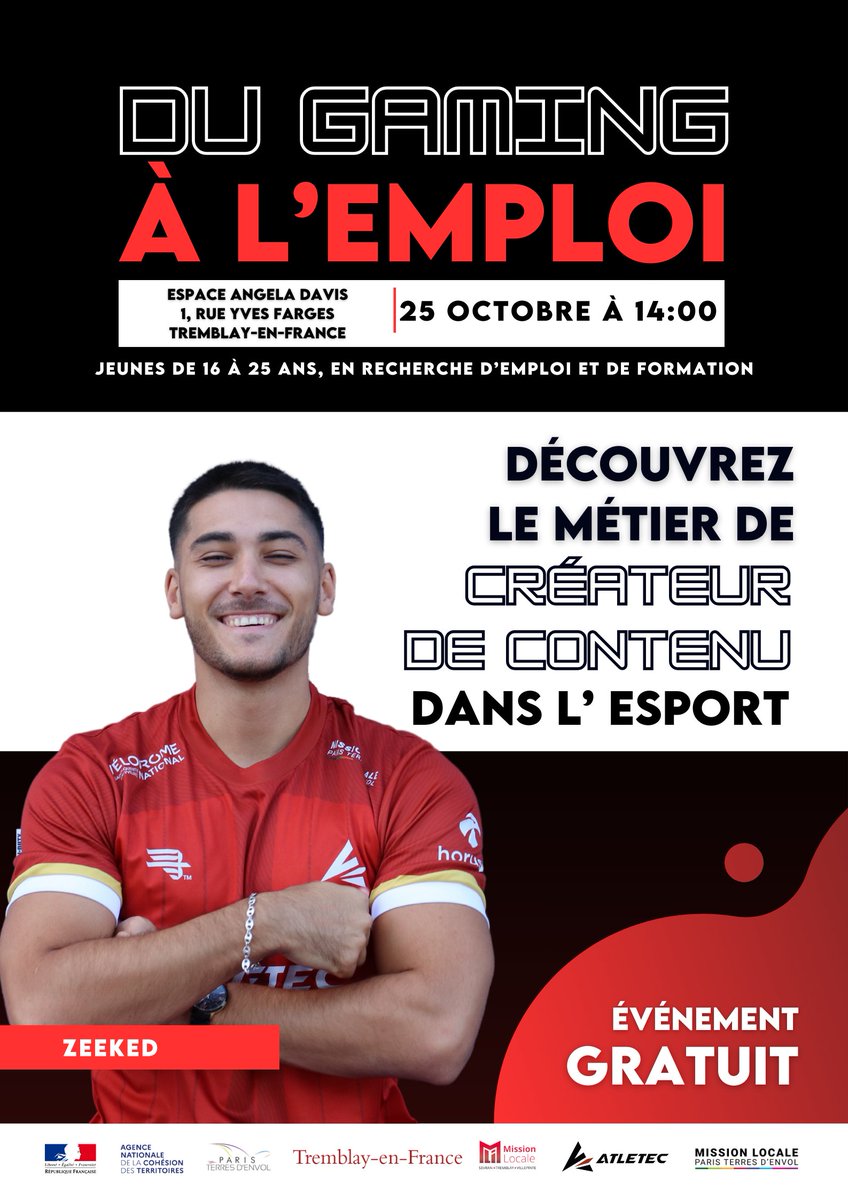 L’initiative « Du Gaming à l’Emploi » organisée en partenariat avec <a href="/Atletec/">Atletec</a> sera de retour le 25 octobre à @villedetremblay ! Cette fois-ci avec une Masterclass sur le métier de créateur de contenu dans l’e-sport tenue par @zeeked, un youtubeur spécialisé dans l’e-sport.