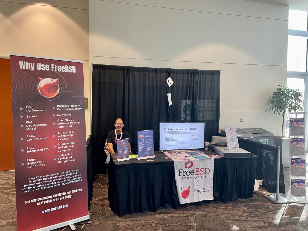 freebsdfndation's tweet photo. All set up and ready to go for the last day of #AllThingsOpen. Be sure to stop by booth 56 to check out the @AmpereComputing Mt. Collins 2U server with #freebsd, get the latest news on #FreeBSD, and pick up your favorite swag! #opensource https://t.co/dt3gHuZ29m