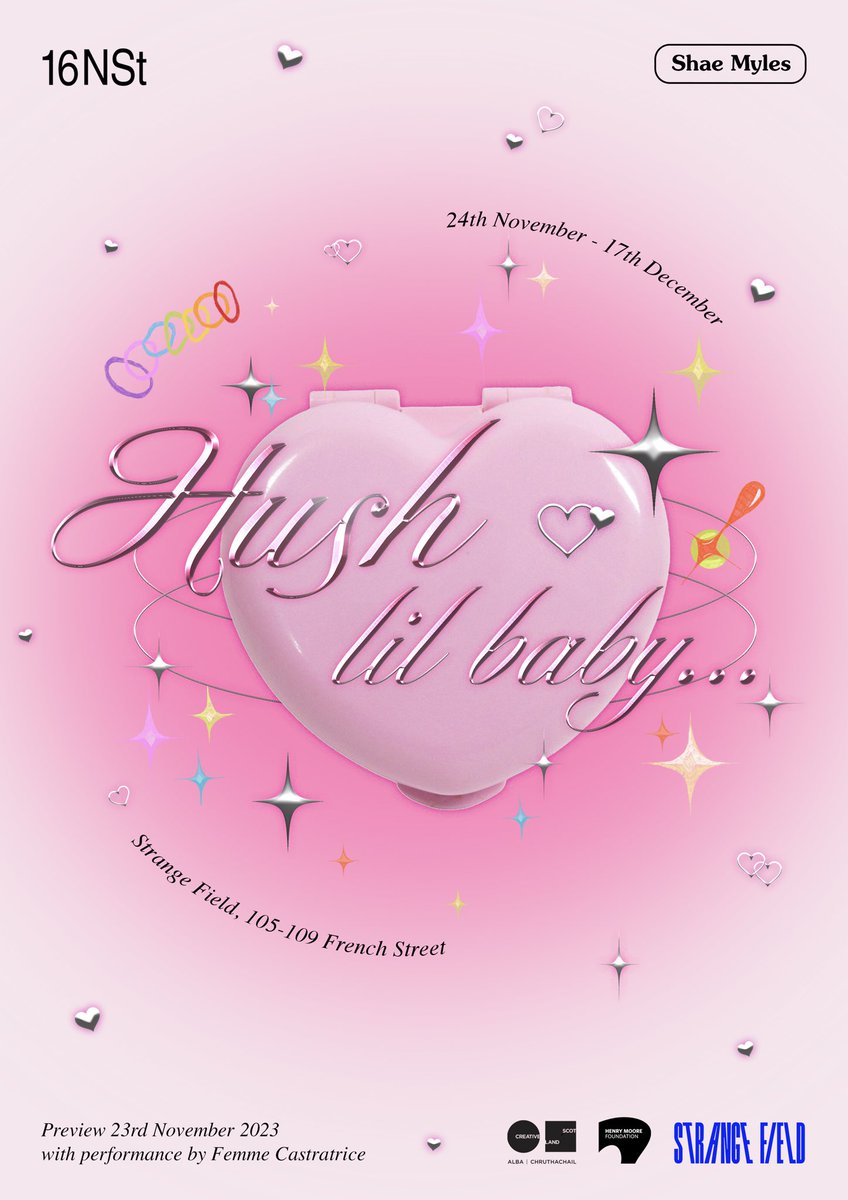 16Nicholson's tweet image. Save the date: "Hush lil baby"  Shae Myles' solo exhibition curated by 16NSt and hosted at @strangefieldglasgow.  Inspired by the world of the 1990s Polly Pocket compacts. You won't want to miss it! 🎀💅👛👗✨

Opens 23/11, 7pm-12am
24 Nov-17 Dec 

16nicholsonstreet.org/events/shae-my…