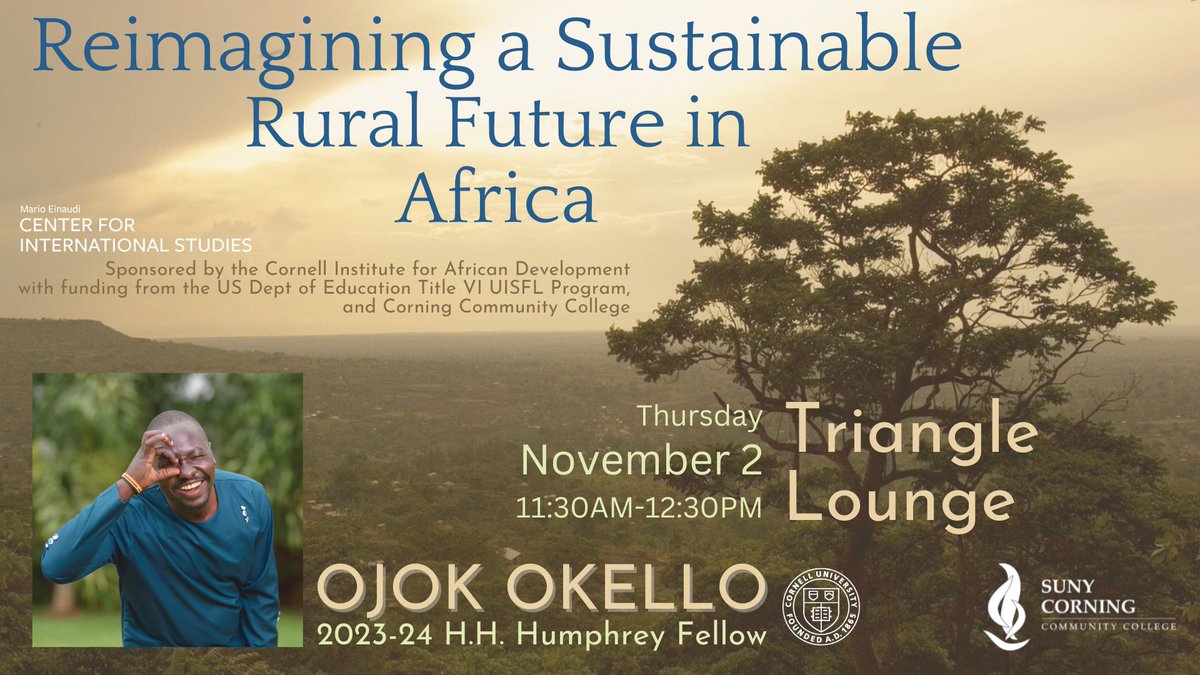 @OjokOkello_ is a Hubert H. Humphrey Fellow @CornellCALS. As the Founder and CEO of @OkereCity, Ojok envisions a sustainable and thriving rural community empowered through art, education, and improved livelihoods. Join us for his talk at SUNY-Corning on November 2. @GoGlobalED