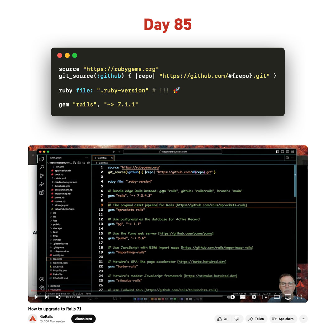 code_206's tweet image. 🌀 Day 85 #100DaysOfCode

Thanks to Kent for this little tip to implement only once the ruby version.

#Rails #RailsUpgrade 

youtu.be/V93ikOoZetc?fe…