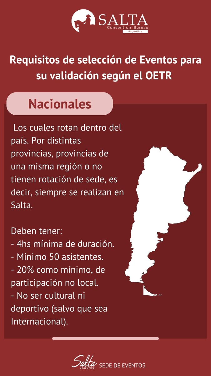 Como Bureau de Convenciones, cumplimos con los siguientes requisitos de eventos Nacionales e Internacionales para su validación según el OETR.

#OETR #Eventos #SaltaConventions #TurismodeReuniones #BureauSalta
