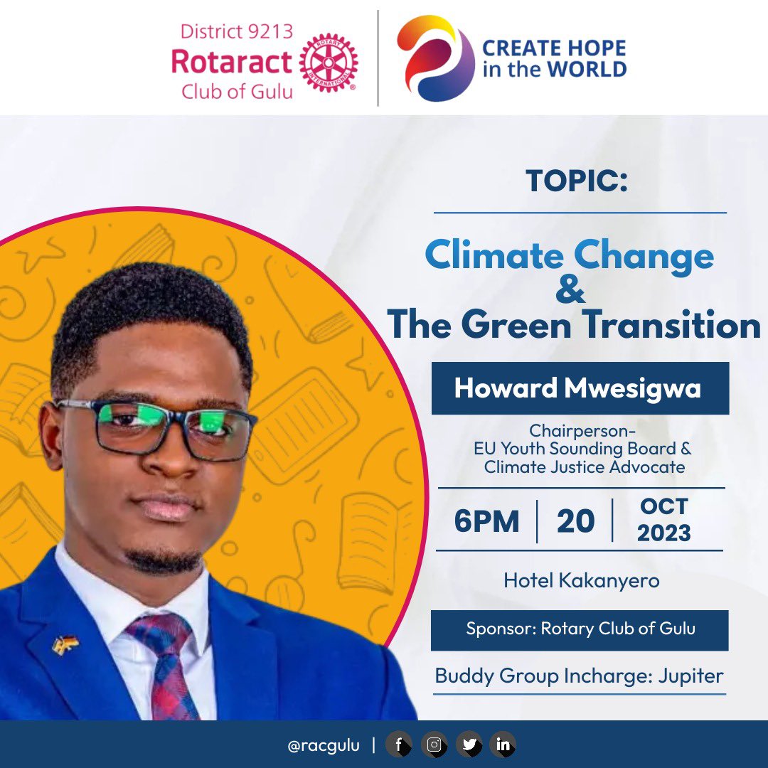 In further execution of my generational mandate, I’ll be speaking to <a href="/RotaractGuluUg/">ROTARACT CLUB OF GULU</a> on Climate Change and the Green Transition. I’ll be debunking some common myths on climate change and augmenting discourse on the green transition; the risks and myriad of opportunities. Join us.