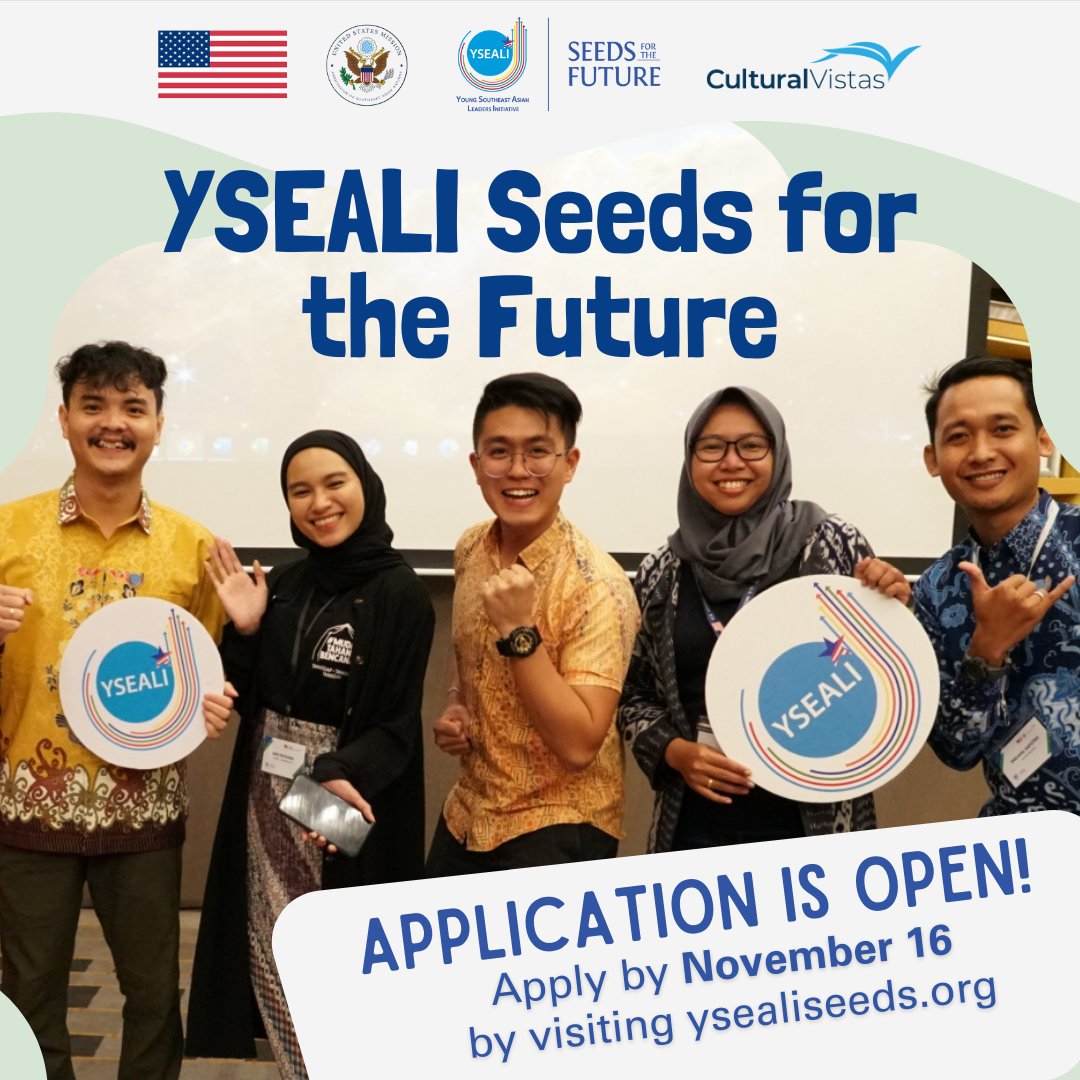 Today’s the day! The 2024 YSEALI Seeds for the Future application is now open! Join the network of young Southeast Asian leaders transforming their communities and ASEAN today. Apply by November 16! ysealiseeds.org #YSEALISeeds #YSEALI10