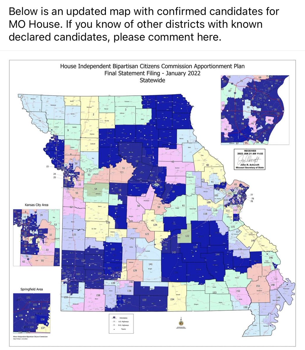 TaneyCoMoDems's tweet image. The map is slowly filling in. 
Know anyone in one of the districts that are not colored in blue?
#runforsomething