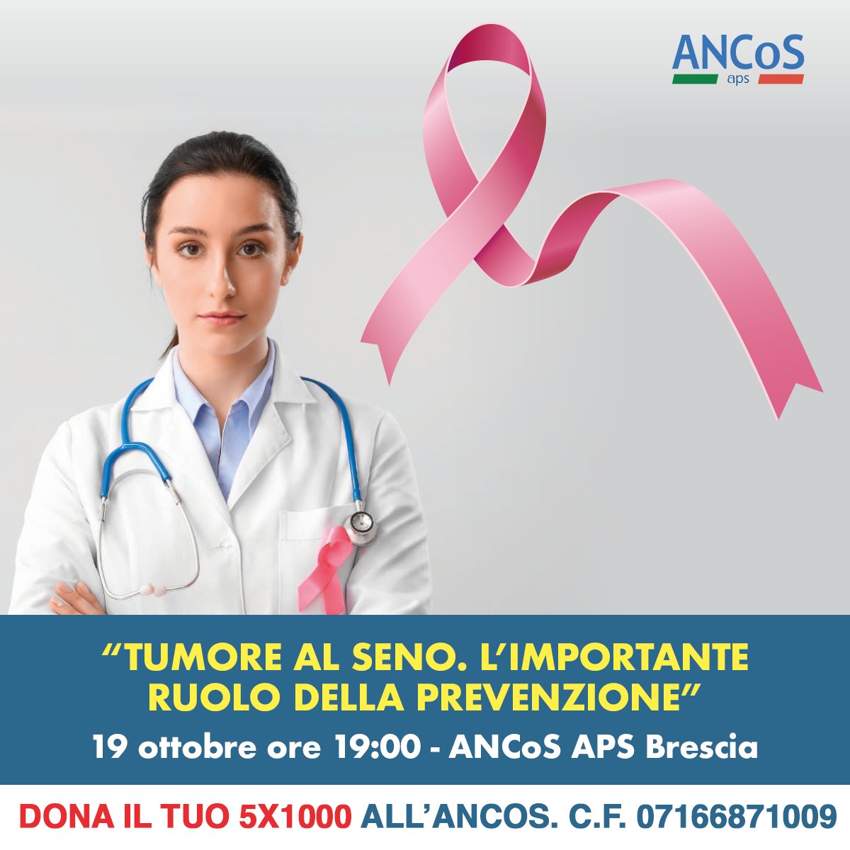 Organizzato l’evento pubblico dal titolo “Tumore al seno. L’importante ruolo della #prevenzione” in programma giovedì 19 ottobre alle ore 19:00 presso la sede di Brescia, in via Orzinuovi 28.

Locandina dell’evento ➡️ ancos.it/wp-content/upl…