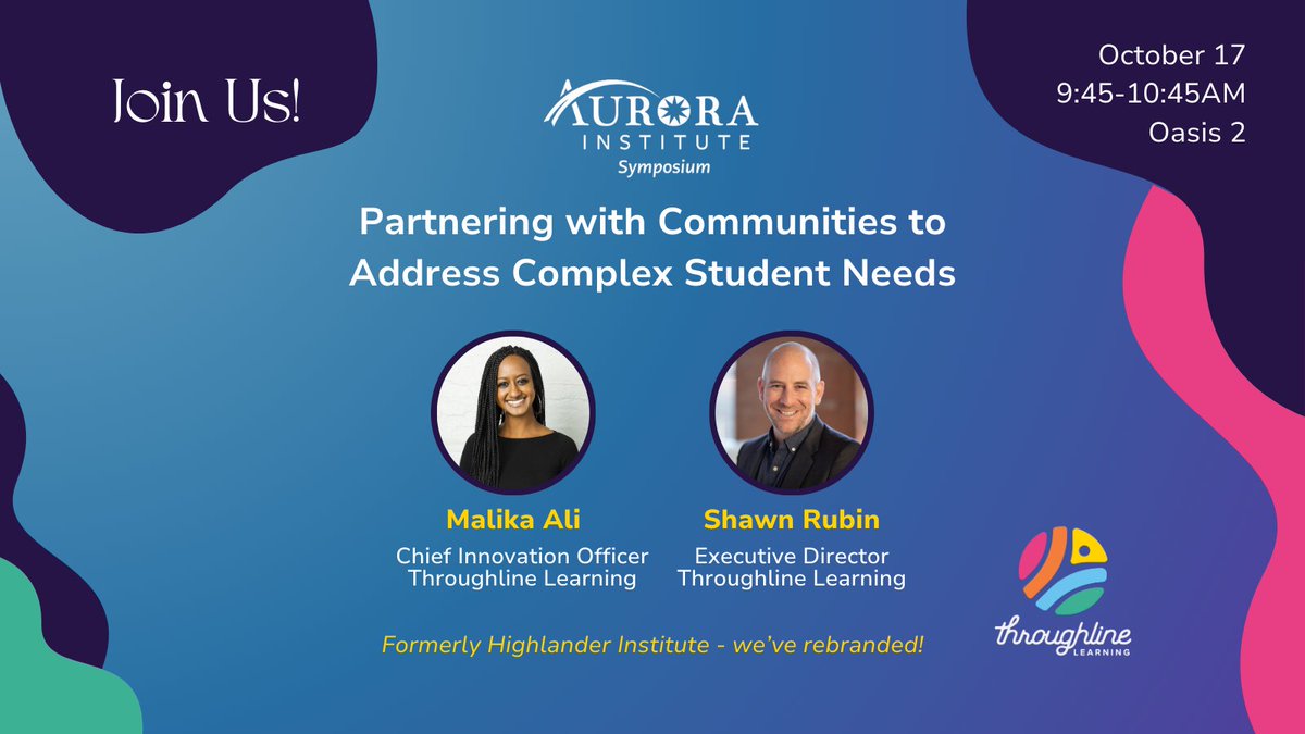 Throughline Learning (formerly Highlander Inst) (@throughlinelrng) on Twitter photo 1 hour to go until our #Aurora23 session! Head to Oasis 2 to connect w/ <a href="/ShawnCRubin/">Shawn C. Rubin</a> & <a href="/Malika_Ali/">Malika Ali</a> of Throughline Learning (formerly Highlander Institute)! We've rebranded & can't wait to share our insights from #communityeducator projects with teachers & leaders <a href="/Aurora_Inst/">Aurora Institute</a> 1 hour to go until our #Aurora23 session! Head to Oasis 2 to connect w/ <a href="/ShawnCRubin/">Shawn C. Rubin</a> & <a href="/Malika_Ali/">Malika Ali</a> of Throughline Learning (formerly Highlander Institute)! We've rebranded & can't wait to share our insights from #communityeducator projects with teachers & leaders <a href="/Aurora_Inst/">Aurora Institute</a>