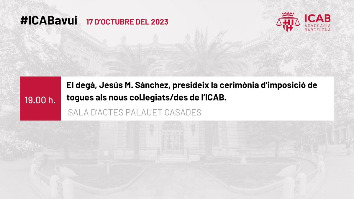 ICABarcelona's tweet photo. #ICABAvui Actes destacats de l'agenda institucional del Col·legi d'avui dimarts 17/10/2023. https://t.co/B1KLhAHBSb