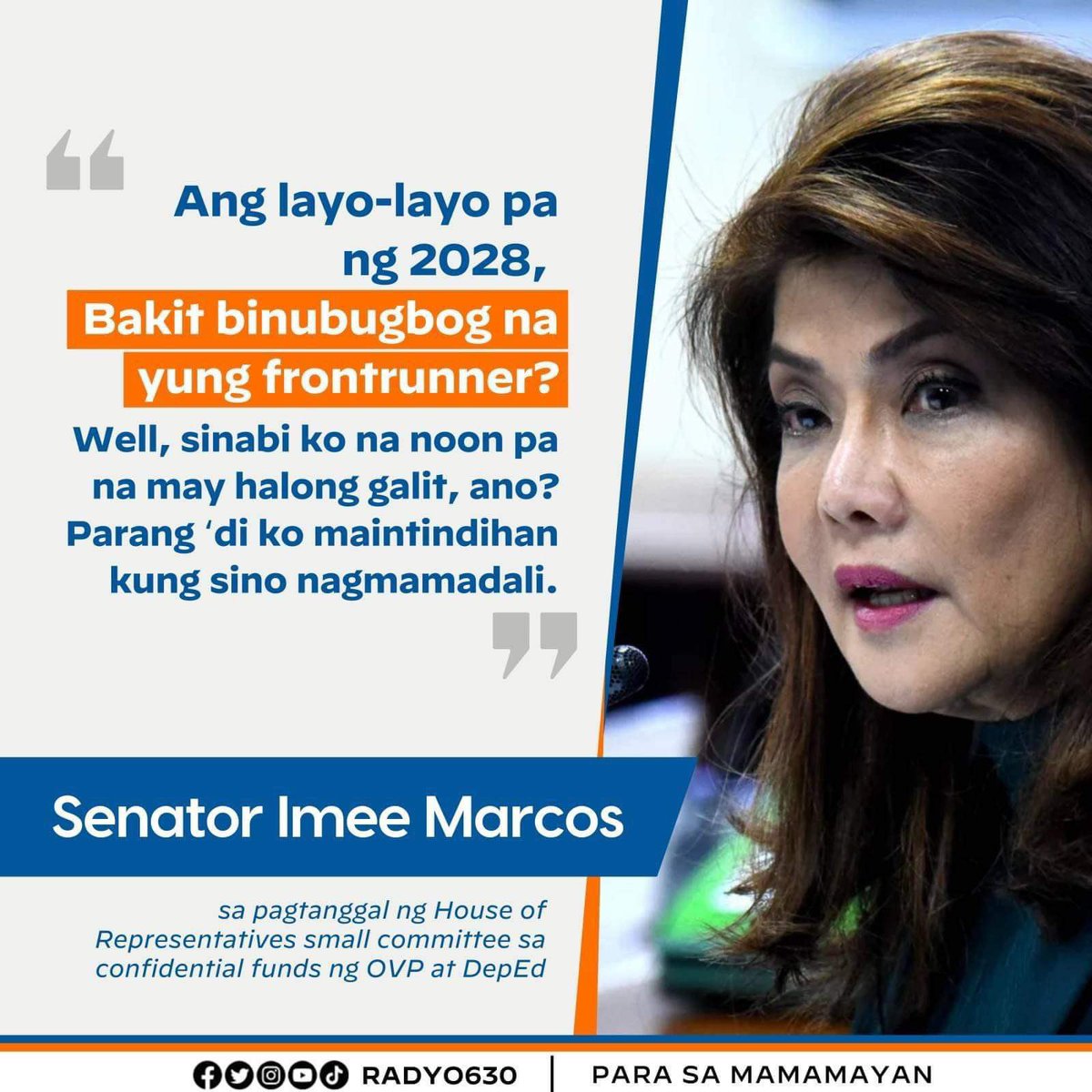 They say that Senator Imee R. Marcos is really the most politically astute among the children of the late president Ferdinand Edralin Marcos Sr.

Thus, she knows that what is happening now is a prelude to 2028, and we can feel her personal disdain for the early politicking,