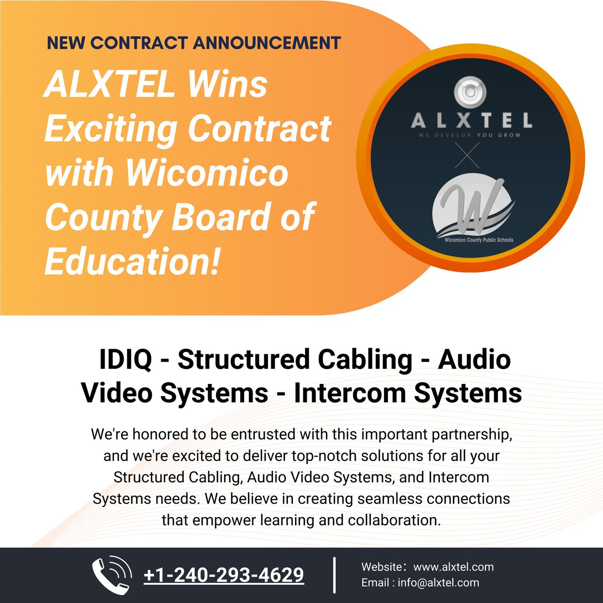 We are so excited to announce winning a new contract with Wicomico County Public Schools. The contract will be serving all AV Systems, Structured Cabling and Video Systems
CONTRACT PERIOD: Through July 31,2025 with (3) renewals of (1) one year
ANNUAL CONTRACT VALUE: $750,000.00
