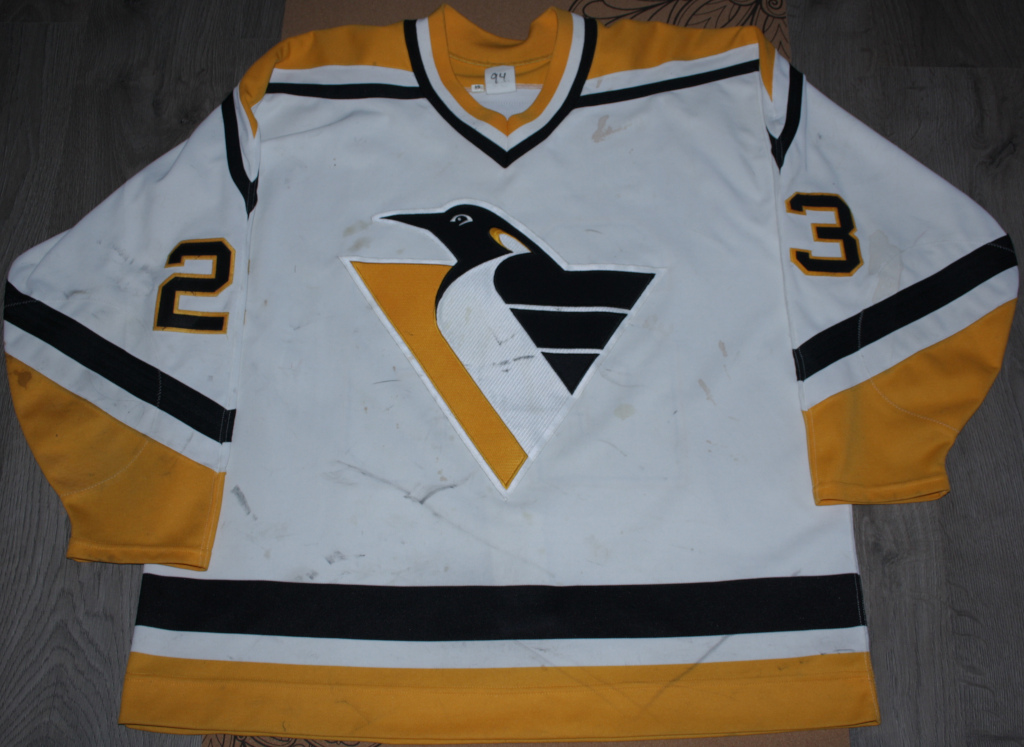 NostalgiaEagle's tweet photo. Welcome to my collection: #GameWorn 1994-95 Pittsburgh Penguins home jersey worn by Chris Joseph. Massive wear! He played a total of 43 games that year, scoring 17 points, 58 PIMs and a +/- of -1. @cjoseph23 later went on to play for our home team Mannheim (2002-2005). https://t.co/qbZ0lDPKgi