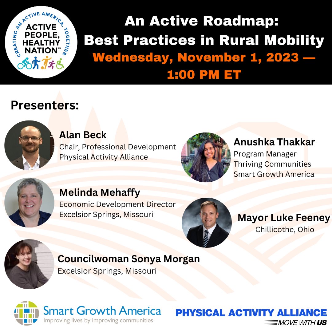 Join us on Wednesday, November 1st at 1PM EST for a webinar on Rural #PhysicalActivity!

Learn about <a href="/SmartGrowthUSA/">Smart Growth America</a>'s new Active Roadmap: Best Practices in Rural Mobility from rural leaders building active communities 

Register here 🡪
#ActivePeople  heart.zoom.us/webinar/regist…