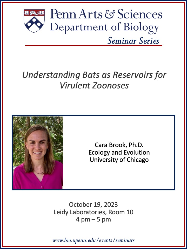 We are excited to have Cara Brook give a seminar this Thursday at 4PM EST titled 'Understanding bats as reservoirs for virulent zoonoses'. Watch for free via Zoom in the link! bio.upenn.edu/events/2023/10…