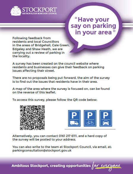 StockportMBC's tweet photo. 🚗 Following feedback from residents in Bridgehall, Cale Green, Edgeley and Shaw Heath, we are carrying out a review of parking in the area. 

The survey will aim to understand what issues you have with parking on your street.

Complete the survey at: https://t.co/jgMEkH6z69 https://t.co/mnK2IUJSMu