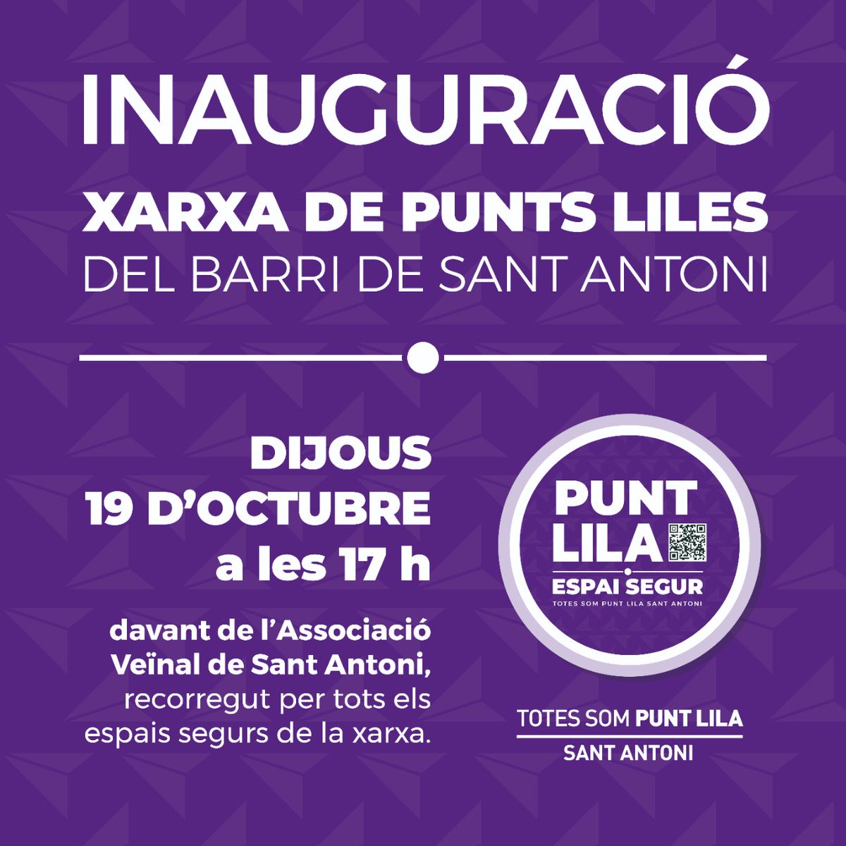 ♀️ Inauguració de la Xarxa de Punts Liles de Sant Antoni

🕔 Aquest dijous 19/10 a les 17h!

📍 Associació veïnal de Sant Antoni (Av Mistral 30)

El recorregut serà per tots els espais segurs de la nova xarxa de punts liles.

T'hi esperem!

#santantoni #puntsliles #xarxasegura