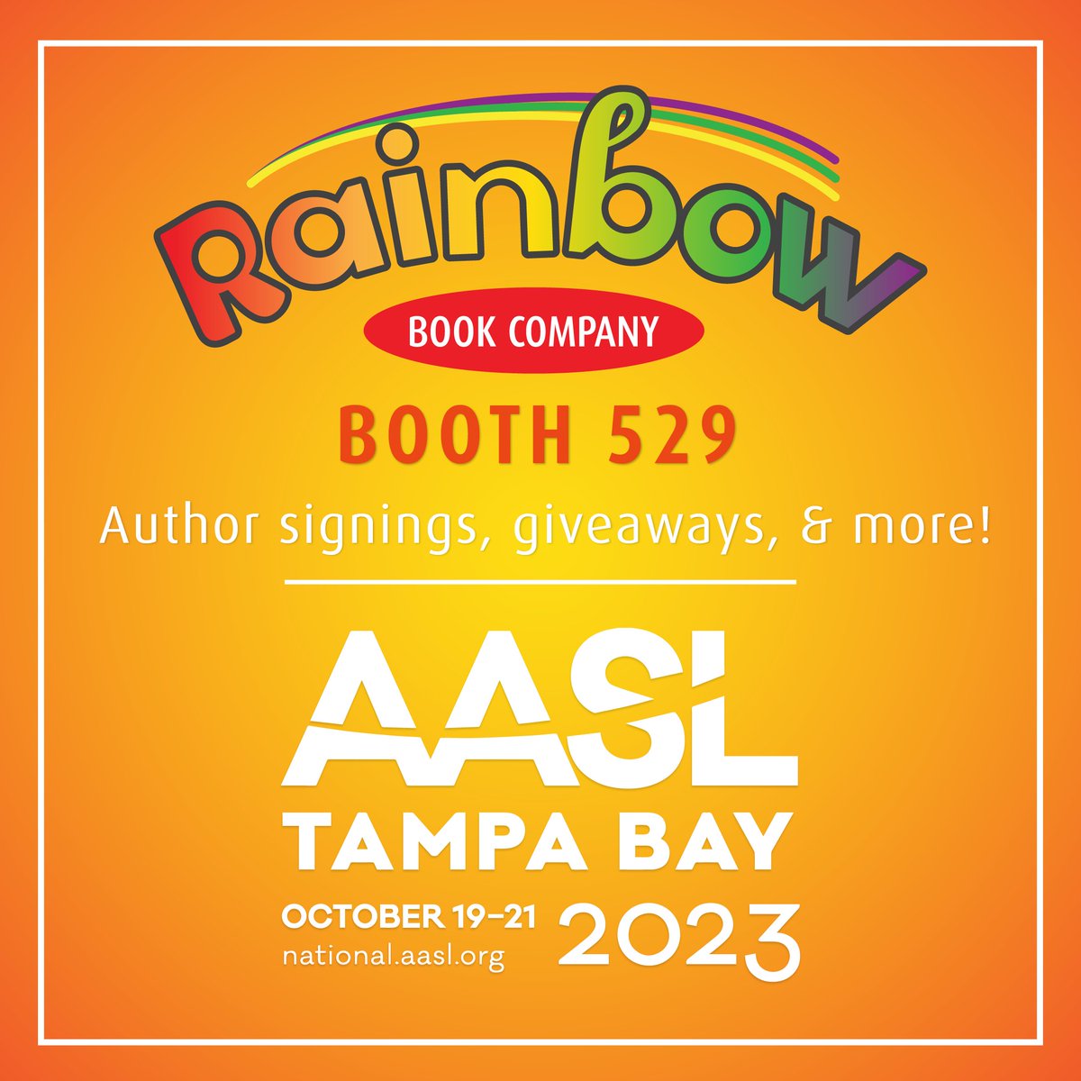 Join us in Tamp Bay for the 2023 AASL Conference! ☀️

Meet us at booth #529 where we will be hosting author signings, exciting giveaways and more! We can't wait to connect with all of you! 

#AASLConference #meetandgreet #letschat #bookloversunite