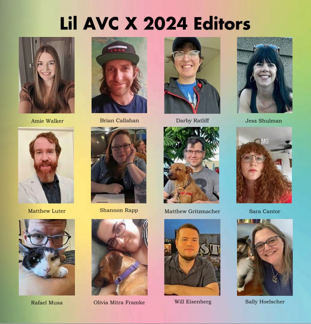 We are excited to announce the Lil AVC X Editing Team for 2024! @Amie_Walker1, @oliogrids, @darby_ratliff, @JessShulman, @matthewjluter, @sharpenorah, Matthew Gritzmacher, @cantorlope_puz, @rafaxword, @TlMBERWOLVES, @Livienna, and @SallyHoelscher