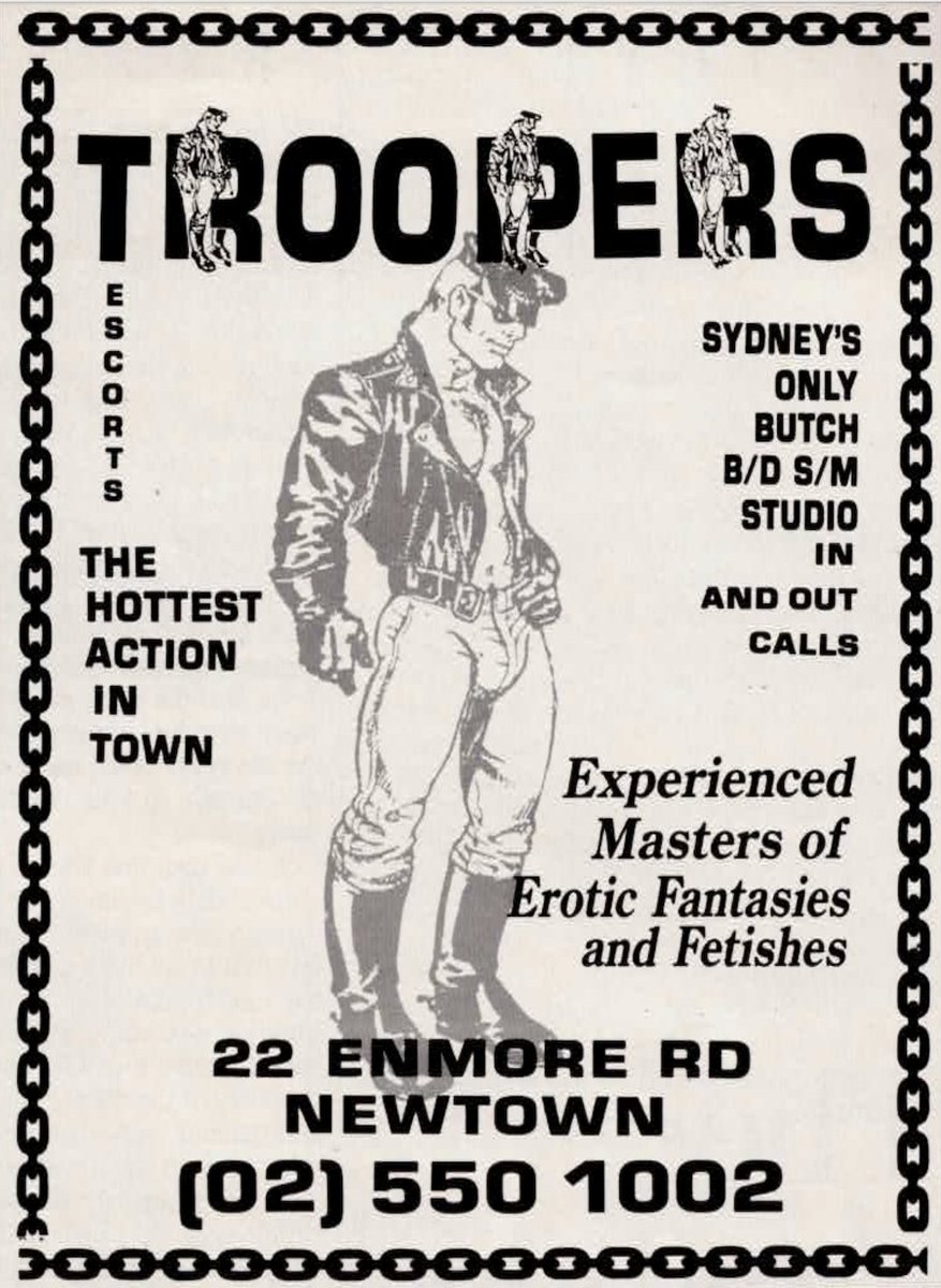 Ad for Troopers Escorts from Australian magazine “Outrage” Number 49 - June 1987