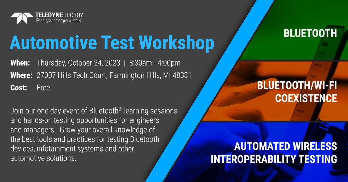 TeledyneLecroy's tweet photo. NEXT WEEK! Don't miss our FREE one-day hands-on event to learn the latest on the best tools for #AutomatedTesting of infotainment systems, #Bluetooth and #WiFi coexistence. Reserve your seat: https://t.co/8r7vV8rofi #bluetoothtesting #wifitesting #wirelesstesting #teledynelecroy https://t.co/0gzEaaseOQ