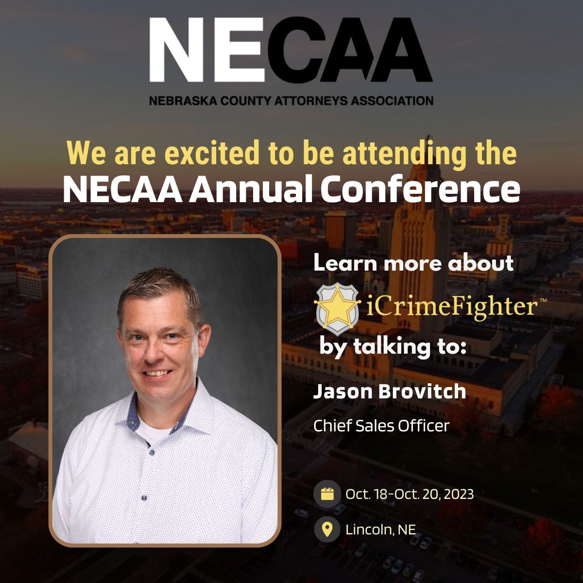 icrimefighter's tweet photo. Are you attending the Nebraska County Attorneys Association Conference? 📅 If so, we invite you to stop by the iCrimeFighter booth and chat with our expert, Jason Brovitch! 🕵️‍♂️

Let's make a real impact together in our mission to create safer communities. ! See you there!🤝 #NECAA https://t.co/S1b8yvbGR8