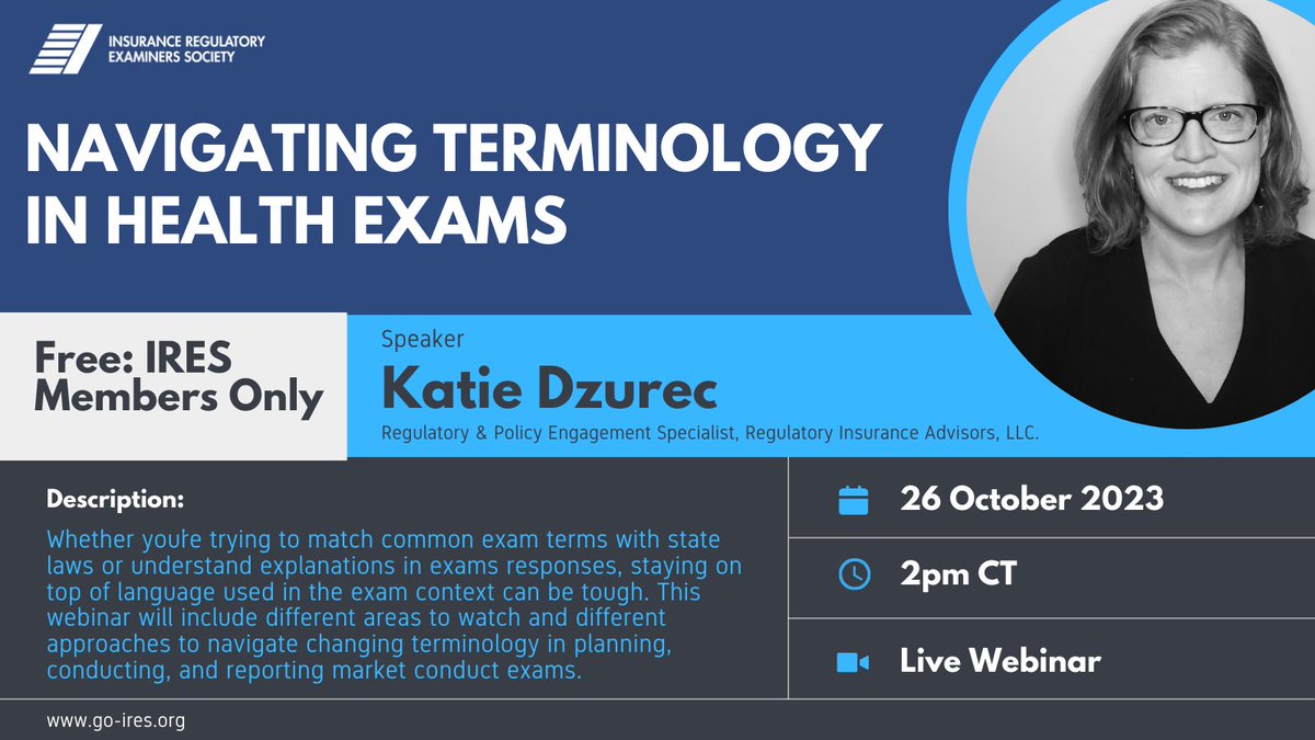 go_IRES's tweet photo. 💡Upcoming Webinar - Thursday, October 26, 2023 - 2 pm CT

IRES Members: Join us for an informative session on navigating terminology in health exams.

🎤 Speaker:

⇢ Katie Dzurec, Regulatory Insurance Advisors, LLC.

Register Here: https://t.co/zffMClCfiU https://t.co/bW45m5iYku