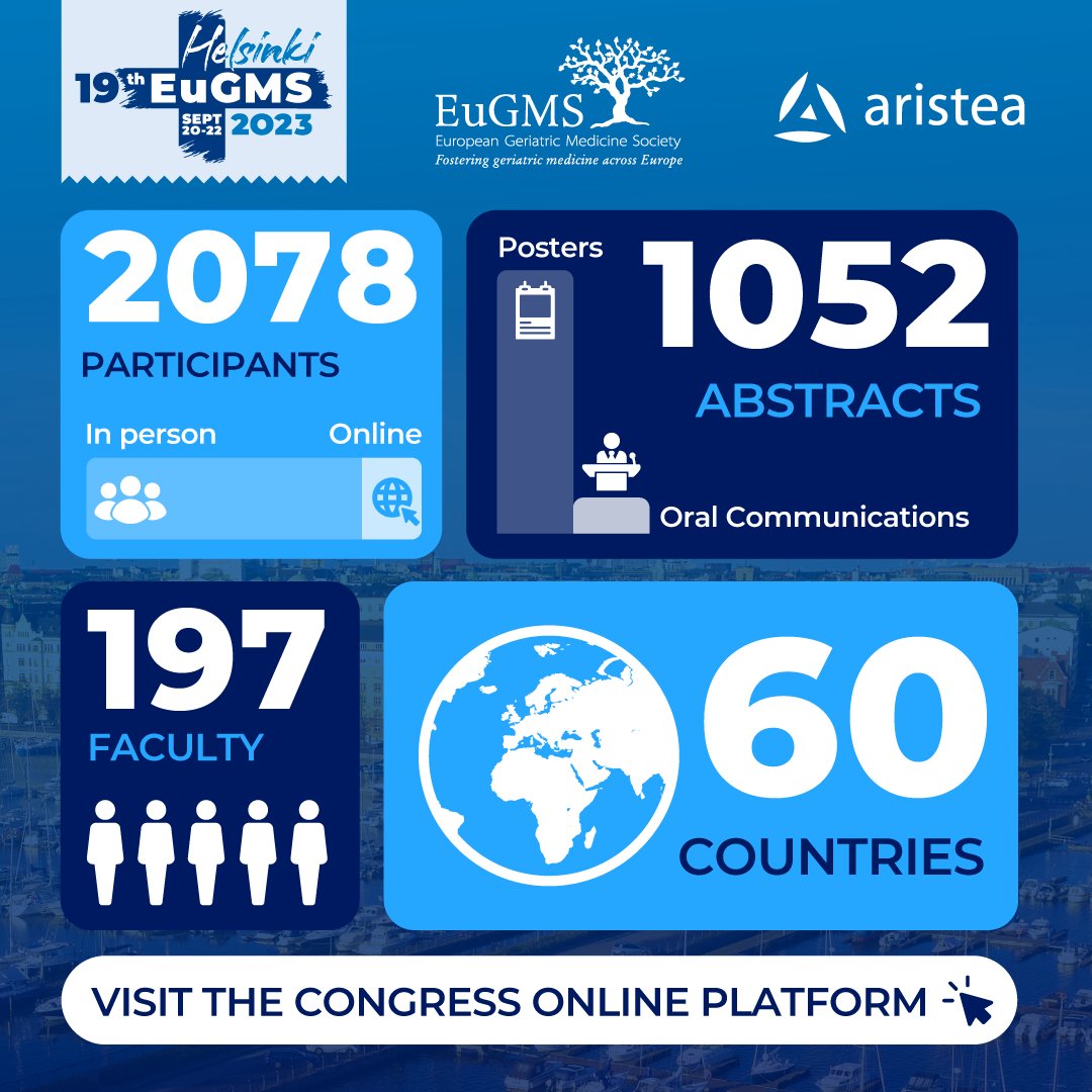 EuGMSSociety's tweet image. The #EuGMS 2023 Hybrid Congress was a success! 🎉🙌 Thank you all for your participation!! 😁 But the journey doesn‘t end here… Go to the congress online platform ➡️ live.eugms2023.com and continue to shape the future of #geriatrics
#eugmshelsinki2023 @aristeagroup